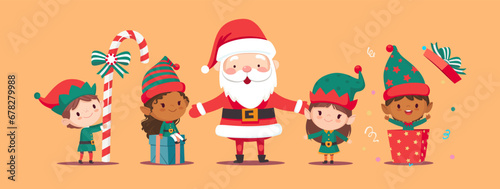 Collection of Christmas elves and Santa Claus isolated. Bundle of little Santa's helpers holding holiday gifts and decorations. Set of adorable cartoon characters. Flat vector illustration. photo