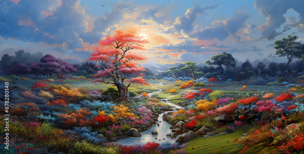 realistic dream great landscape field japanese chinese, sunset over the mountains. Generative Ai content