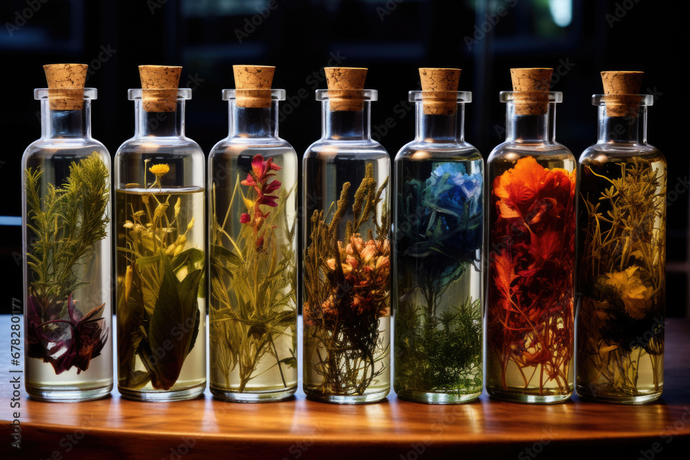 Herbal medicine concept. Dry natural ingredients and remedy bottle on the wooden table background. Witchcraft.