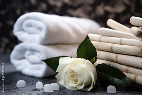 Spa composition with white roses and towels 