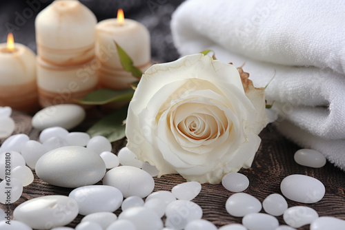 Spa composition with white roses and towels 