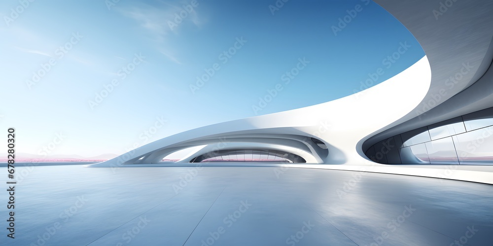 3d render of abstract futuristic architecture with empty concrete floor. Scene for car presentation,blue sky