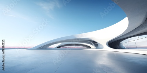3d render of abstract futuristic architecture with empty concrete floor. Scene for car presentation,blue sky