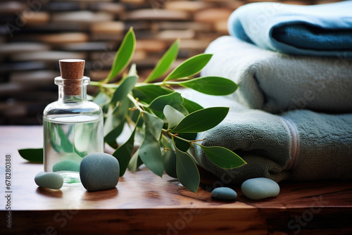 Spa composition with eucalyptus essential oil, leaves and towels 