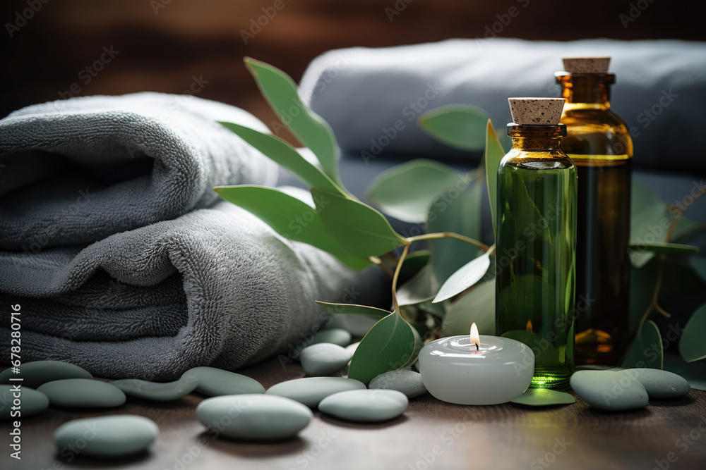 Spa composition with eucalyptus essential oil, leaves and towels Spa composition with eucalyptus essential oil, leaves and towels