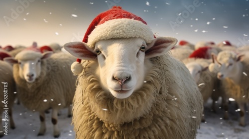 Portrait of a sheep in Santa hat. Christmas background. photo