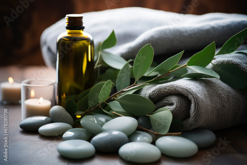 Spa composition with eucalyptus essential oil  leaves and towels 