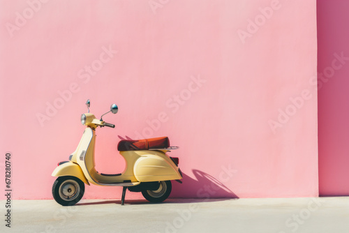 Vintage yellow scooter against pink wall