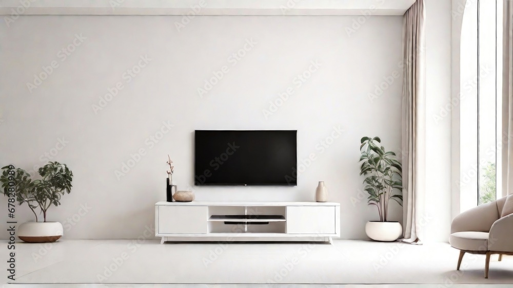 White color wall Background, minimal living room interior decor with a TV cabinet.
