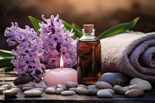 Spa composition with essential oil, Hyacinth flowers and towels 