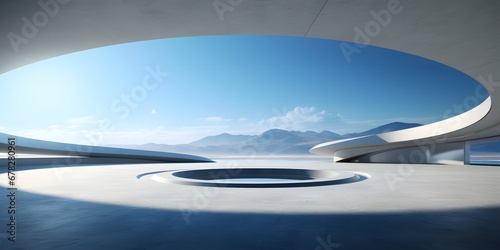 3d render of abstract futuristic architecture with empty concrete floor. Scene for car presentation blue sky