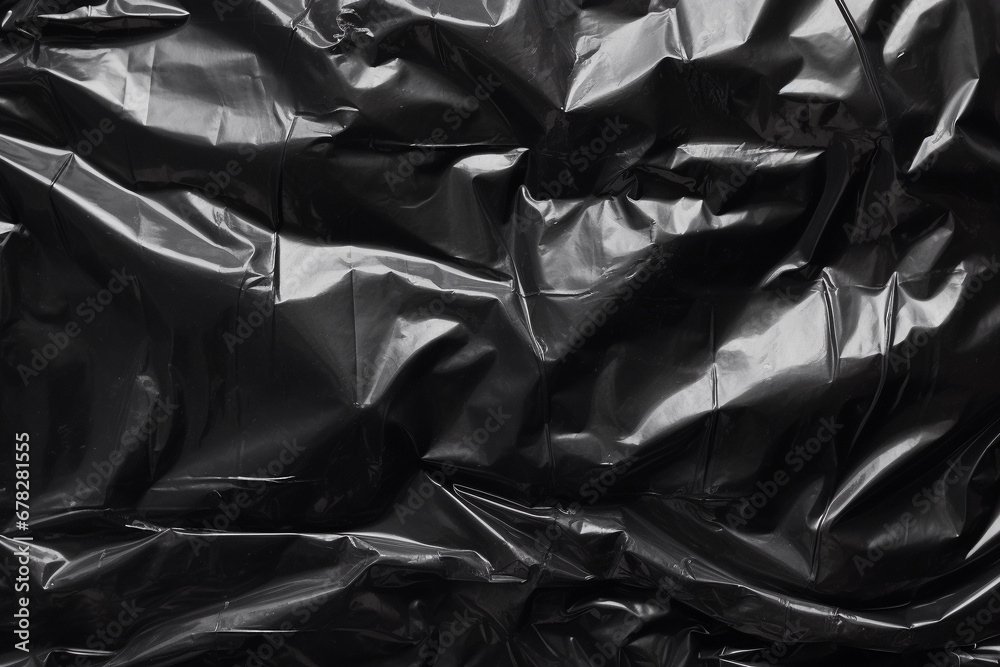 Crumpled plastic wrap. Abstract black background, plastic shopping bag.