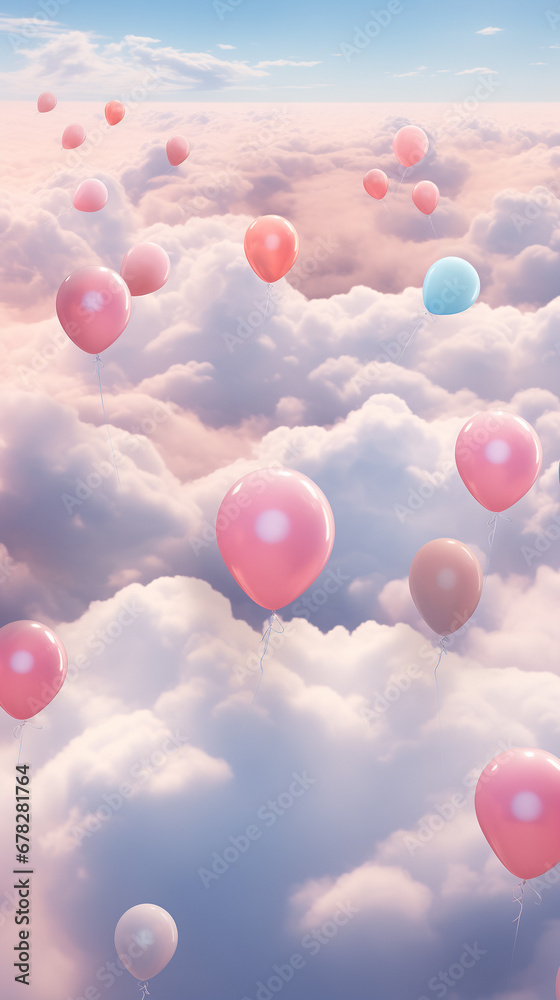 Beautifull pastel colored balloons flyes in the cloudy sky. Pastel pink, blue and yellow baloons.