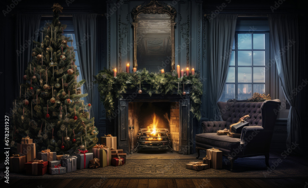 A Cozy Christmas Scene: Living Room with Festive Tree and Warm Fireplace