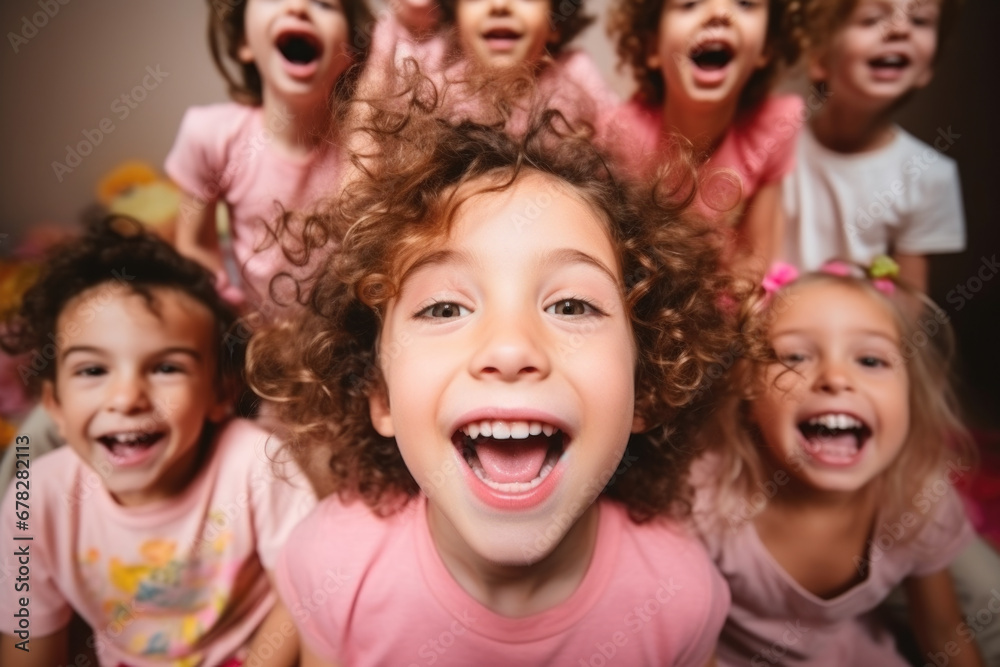 Group of young children smiling and posing for picture. Innocence and joy of childhood. Ideal for use in family albums or promotional materials for schools and childcare centers
