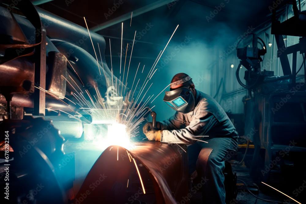 Masked welder works as welding machine at modern factory with the rest of the silver-colored machines Masked welder works as welding machine at modern factory with the rest of the silver-colored machines