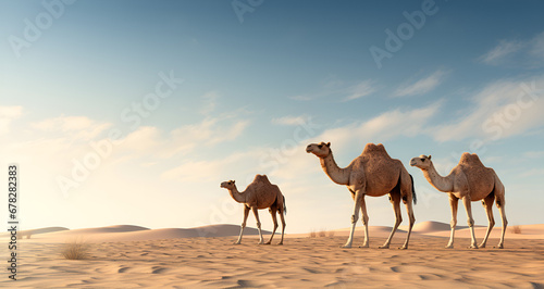 Tuareg with camels walk thru the desert, Camels walking in the desert, Group of camels walking in the Arabian desert. Riyadh, Saudi Arabia


