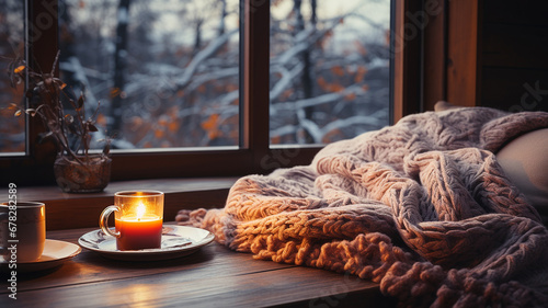 Cozy winter evening. Cup of hot drink, knitted plaid on the windowsill.