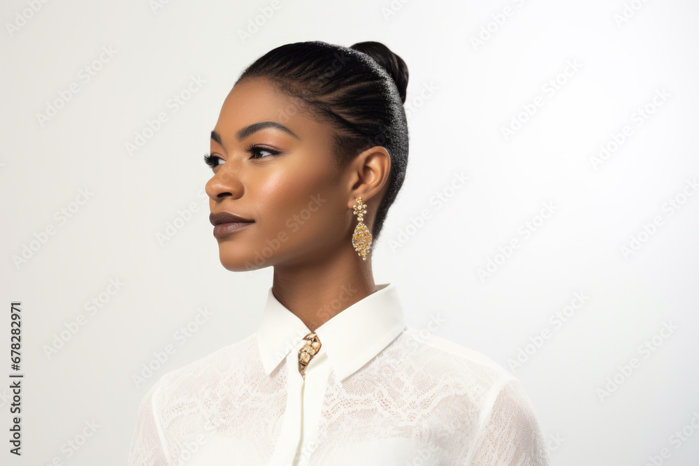 Picture of woman wearing white shirt and gold earrings. This versatile image can be used in various contexts Picture of woman wearing white shirt and gold earrings. This versatile image can be used in various contexts