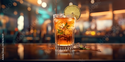 Mai tai cocktail on a bar counter with blurred bar behind, generative AI