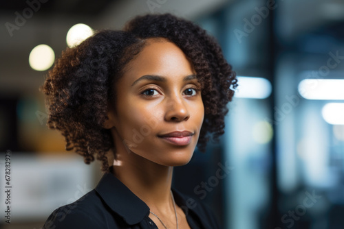 Woman wearing black shirt is facing camera. This image can be used for various purposes