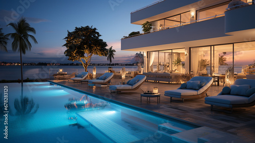 Swimming pool of luxury villa on the beach at night.