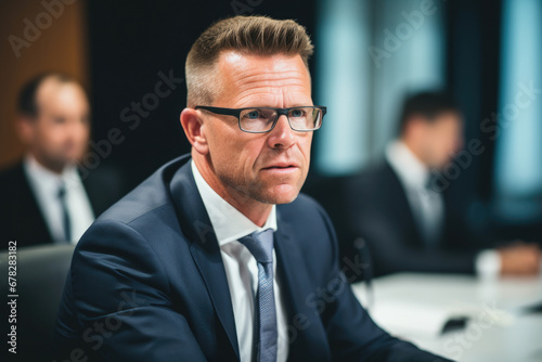 Professional man dressed in suit and tie sitting at table. Suitable for business-related projects and corporate themes