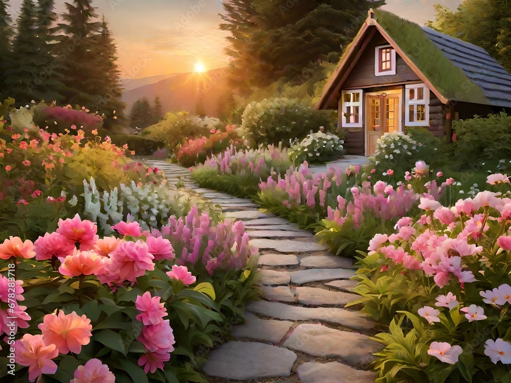 A picturesque flower garden bathed in the soft glow of the setting sun, A picturesque flower garden bathed in the soft glow of the setting sun,
