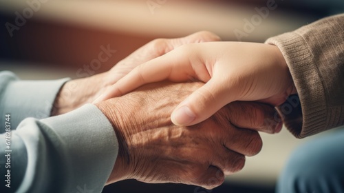 Young woman and old man holding hands. Parkinson disease. Support for eldery people photo