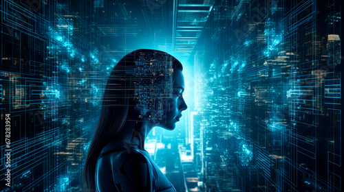 A female image combined with electronics. AI or artificial intelligence in the image of a robot. Cyborg in the form of a girl against the background of computer boards, technology