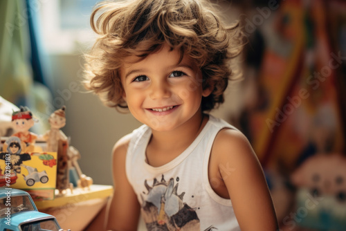 Young boy is smiling happily in front of toy truck. This image captures joy and innocence of childhood. Perfect for advertisements  toy catalogs  or articles about children s playtime