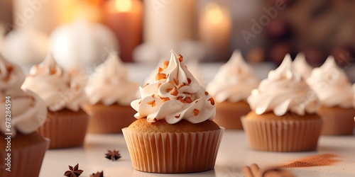 Pumpkin cupcakes on a white table topped with cream cheese frosting and dusted with cinnamon, generative AI