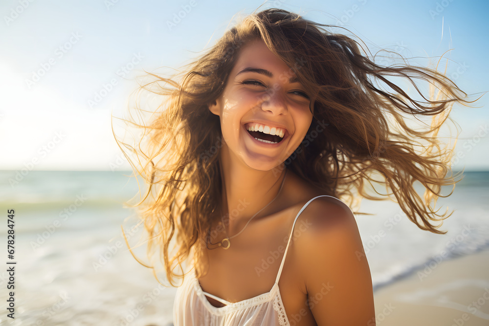 Beauty girl wearing bikini smiling on the beach Beauty girl wearing bikini smiling on the beach