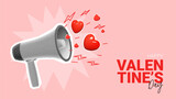Happy Valentine's day background. Halftone megaphone, loudspeaker with red 3d hearts and doodles. Collage with cut out symbols of Valentine's day. Vector illustration for party, posters, cards.