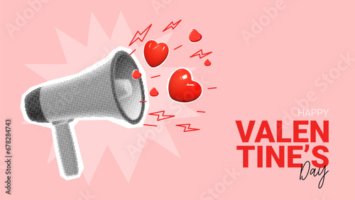 Happy Valentine's day background. Halftone megaphone, loudspeaker with red 3d hearts and doodles. Collage with cut out symbols of Valentine's day. Vector illustration for party, posters, cards. photo