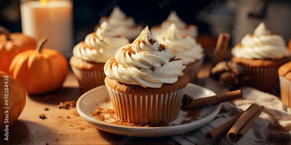 Pumpkin cupcakes on a white table topped with cream cheese frosting and dusted with cinnamon, generative AI Pumpkin cupcakes on a white table topped with cream cheese frosting and dusted with cinnamon, generative AI