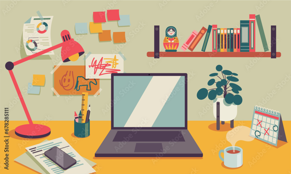 home office workspace concept, blank screen laptop computer on table with lamp, calendar, and plant on desk, vector flat illustration and separated items