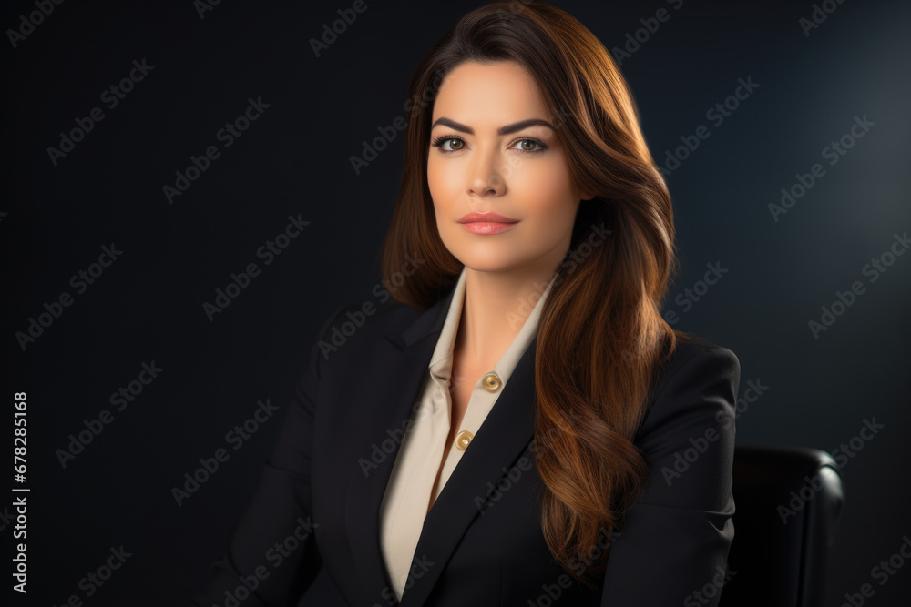 Professional woman wearing business suit is seated in chair. This image can be used to represent corporate settings, office environments, or professional women in workplace Professional woman wearing business suit is seated in chair. This image can be used to represent corporate settings, office environments, or professional women in workplace