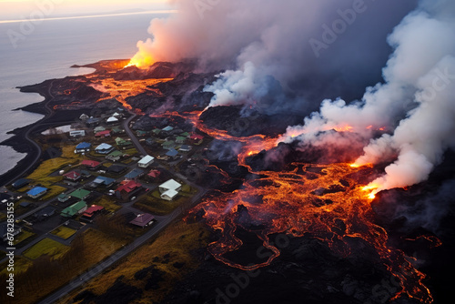 Aerial view of Icelandic town devastated by lava from a volcanic eruption. Grindavík, Reykjanes Peninsula, Iceland. photo