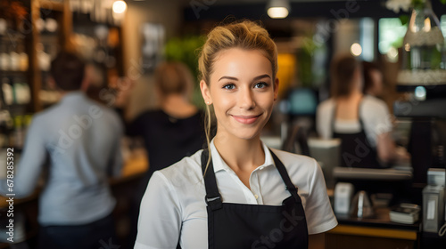 smiling, young and attractive saleswoman, cashier serving customers, Generative AI