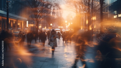 Blurred fast movement of people on a winter street by Generative AI