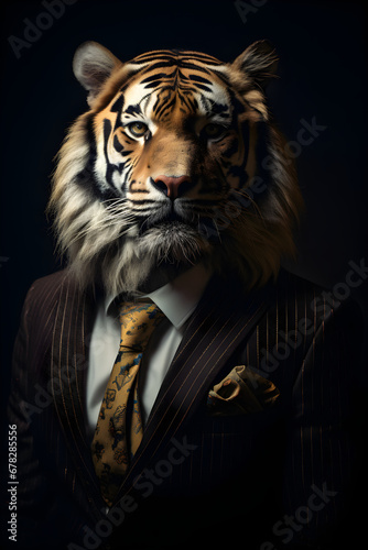 Tiger dressed in an elegant suit with a nice tie. Fashion portrait of an anthropomorphic animal, feline, posing with a charismatic human attitude