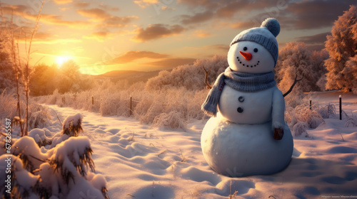 A winter scene that captures the joy of a snowman in a snowy field.