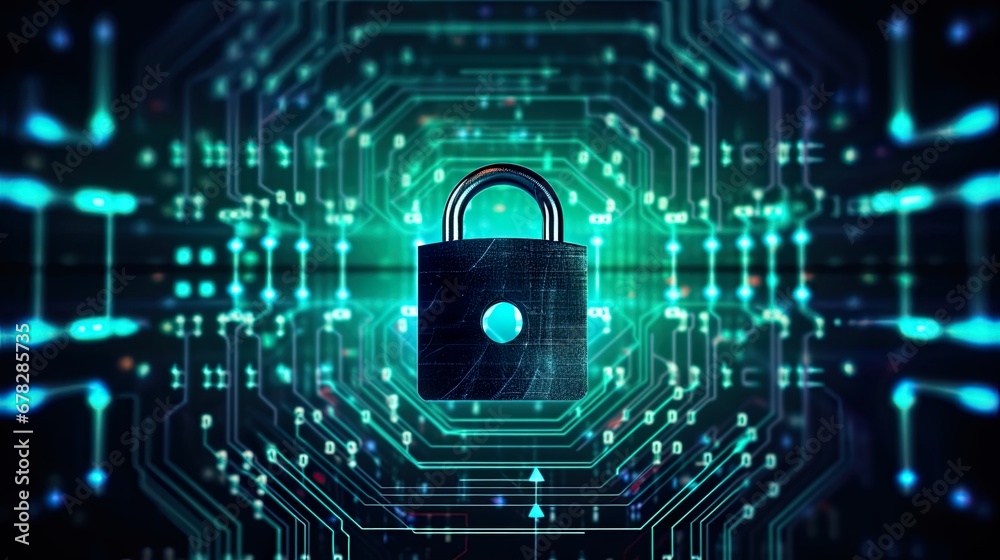 Lock positioned against a luminous backdrop of blue and green glowing data. Concept of essence of cybersecurity, symbol of safeguarding personal information. Digital safety awareness.