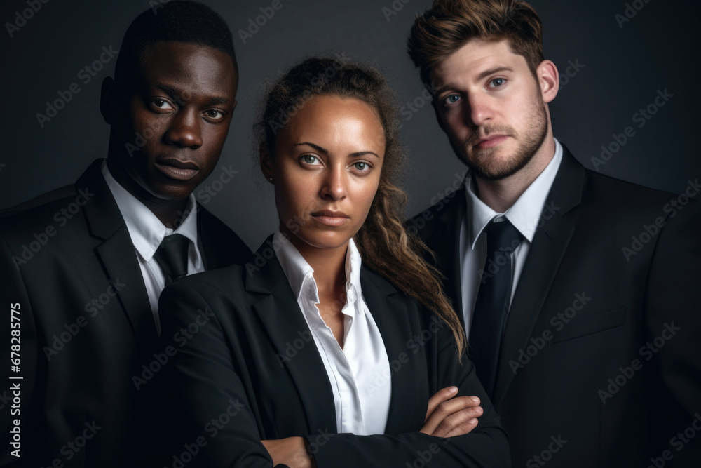 Three business people standing next to each other. Teamwork, collaboration, or business meeting. It is suitable for various business-related projects Three business people standing next to each other. Teamwork, collaboration, or business meeting. It is suitable for various business-related projects