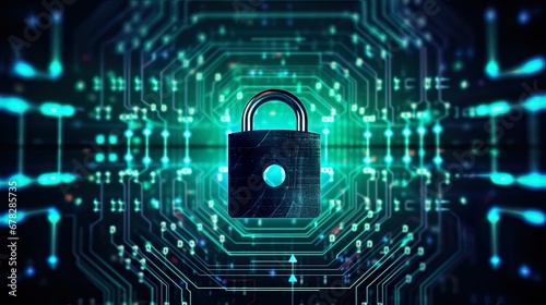 Lock positioned against a luminous backdrop of blue and green glowing data. Concept of essence of cybersecurity, symbol of safeguarding personal information. Digital safety awareness.