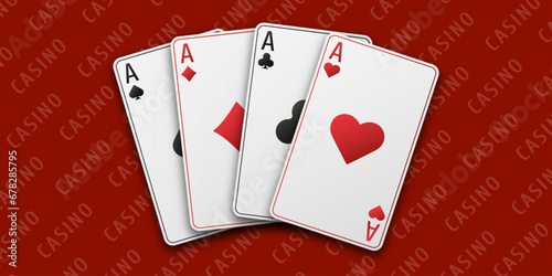 Casino concept. Fan of hand playing cards. Red playing table. Four aces with the suit of hearts, clubs, diamonds and spades. Vetor illustration.