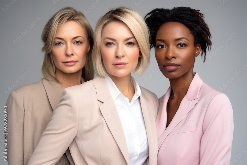 Three women dressed in professional business attire posing for picture. This image can be used to represent teamwork, diversity, and professionalism in various business settings Three women dressed in professional business attire posing for picture. This image can be used to represent teamwork, diversity, and professionalism in various business settings