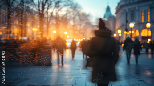 Blurred fast movement of people on a winter street by Generative AI