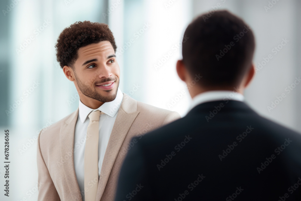 Picture featuring man in suit and tie looking at another man in suit. This image can be used to depict business meeting, negotiation, or professional interaction Picture featuring man in suit and tie looking at another man in suit. This image can be used to depict business meeting, negotiation, or professional interaction